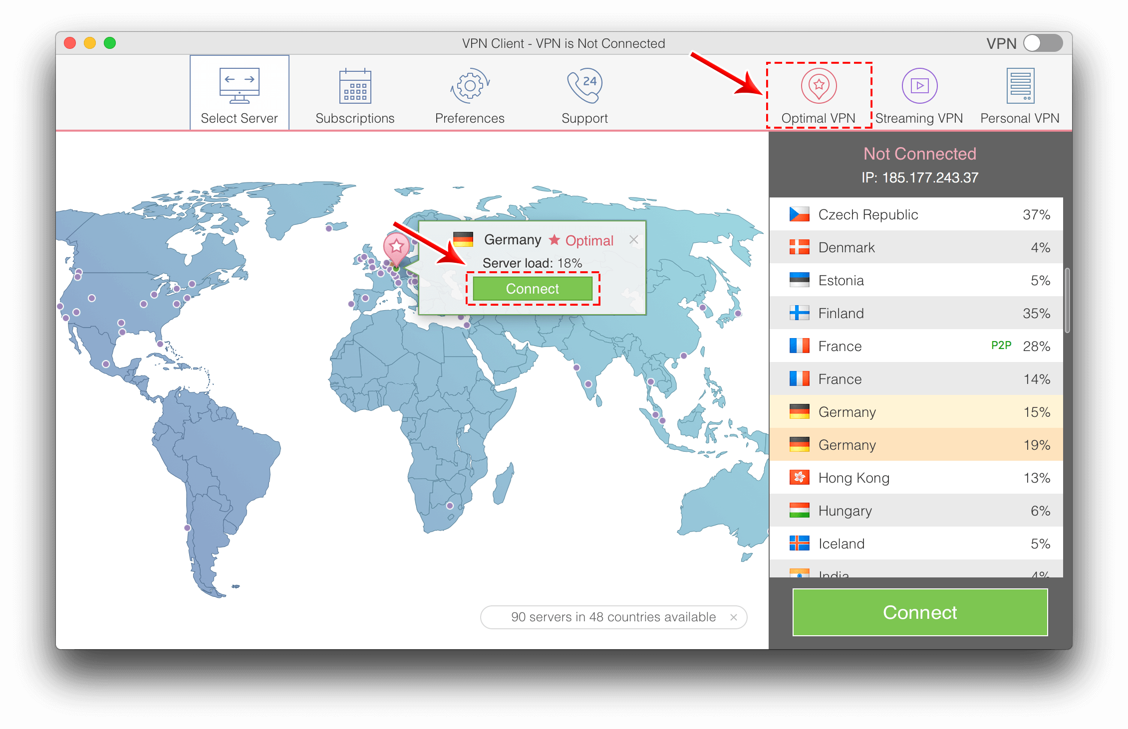 Connect optimal VPN server